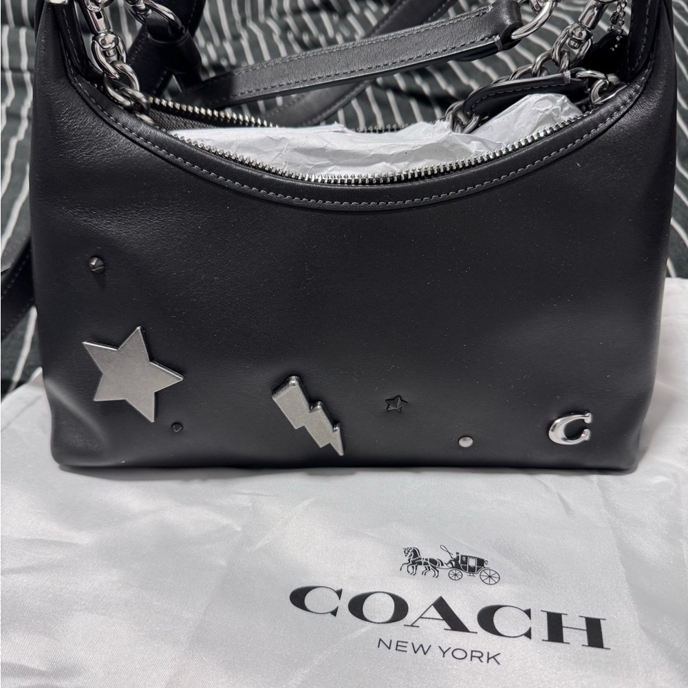 Coach Black Leather Shoulder Bag with Silver Stud Accents